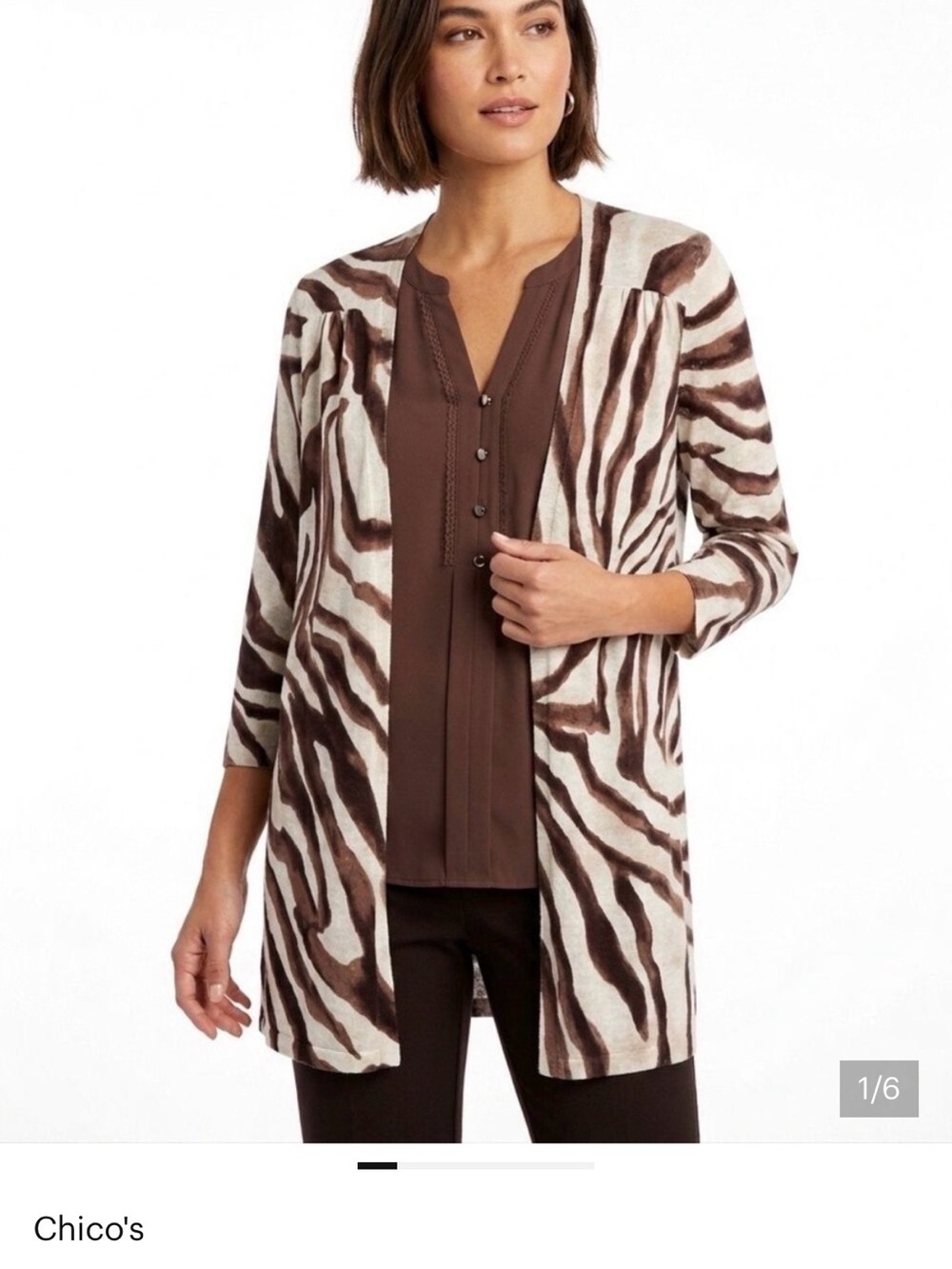 Chico's Brown and Cream Zebra-Print Open Front Cardigan size small